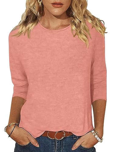 EADINVE Women's Casual 3/4 Sleeve T-Shirts Round Neck Cute Tunic Tops Basic Tees Blouses Loose Fit Pullover Coral