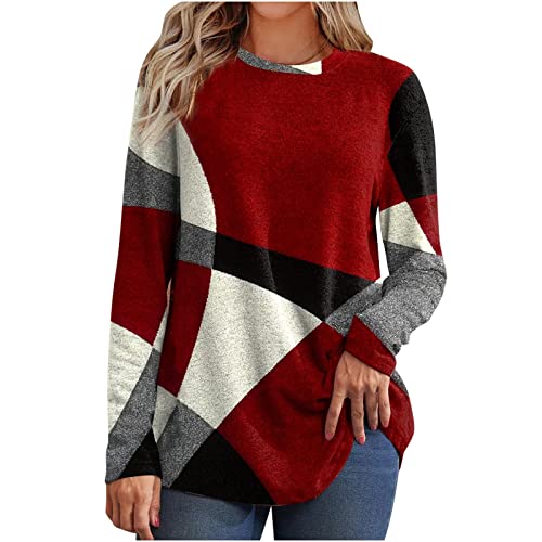 Amazon Customer Service Phone Number Long Sleeve Shirts for Women Geometry Printed Tops Color Block Trendy Loose Fit Casual Crewneck Pullover T-Shirt My Recent Orders Placed by Me A-red