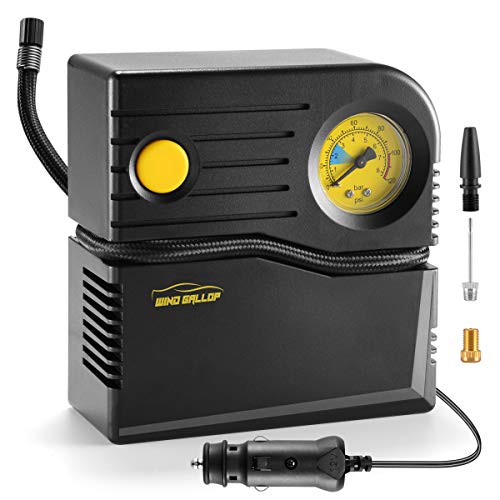 Car Tire Inflator Portable Air Compressor for Car Tires Windgallop 12v Analog Tire Pump Car Air Pump with Pressure Gauge Valve Adaptors for Bike Automobiles Basketball Pool Toys Balloon (Yellow)