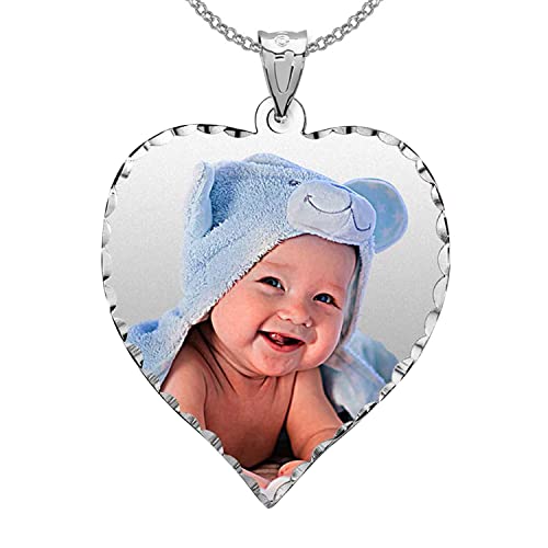 Personalized Photo Engraved Heart Shaped Picture Necklace with Diamond Cut Edge - 1 Inch x 1 Inch (Sterling Silver, Photo Only)