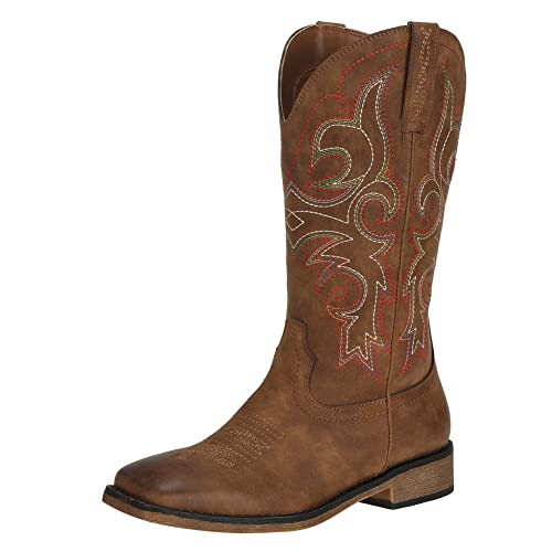 J's.o.l.e Women's Western Cowboy Square Toe Cowgirl Boots Mid Calf Brown US Size 8