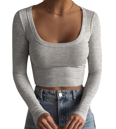 Artfish Women's Square Neck Long Sleeve Ribbed Slim Fitted Casual Basic Crop Top (Heather Grey, S)