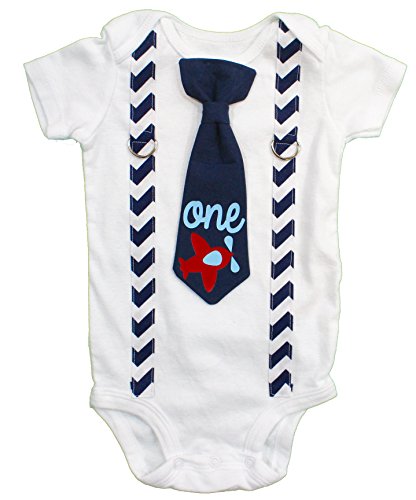 Cuddle Sleep Dream Baby Boy 1st Birthday Outfit Cake Smash Bodysuit with Tie and Suspenders Birthday Shirt (12 Month, Airplane)