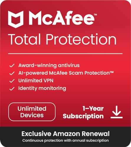 McAfee Total Protection 2024 Ready | Unlimited Devices | Cybersecurity Software Includes Antivirus, Secure VPN, Password Manager, Dark Web Monitoring | Amazon Exclusive 1 Year with Auto Renewal