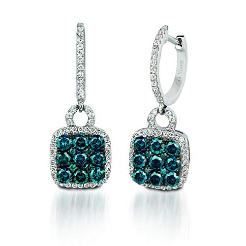 LE VIAN 1 1/4 Carat White and Blue Diamond Dangle Drop Earrings for Women in 14k White Gold (H-I, VS2-SI1, cttw) Square Huggie Earrings