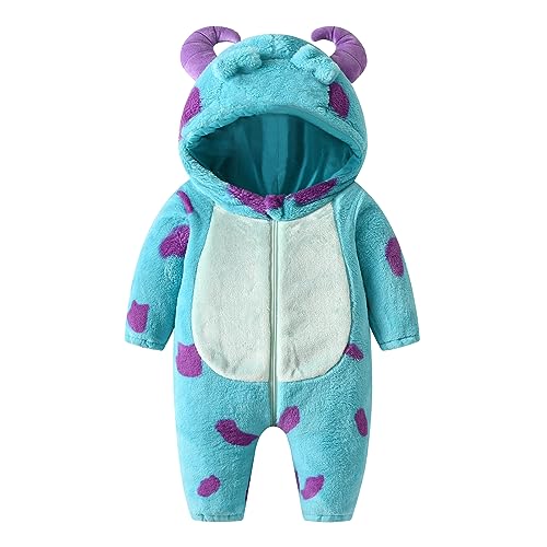 BHMAWSRT Toddler Animal Costume Hooded Halloween Funny Unisex Baby One-piece Outfit Kids Warm Fall Winter Clothes (Blue monsters, 12-18 Months)