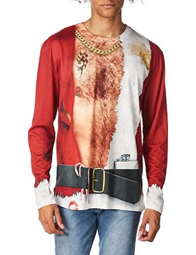 Faux Real Men's 3D Photo-Realistic Ugly Christmas Sweater Long Sleeve T-Shirt, Bad Santa, Large