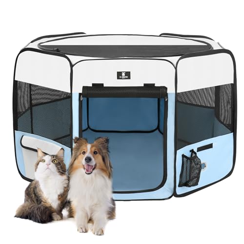 X-ZONE PET Dog Playpen Portable Pet Play Pens for Puppies, Cat, Rabbit, Chicks, Foldable Exercise Play Tent Kennel Crate, Indoor/Outdoor Travel Camping Blue Large