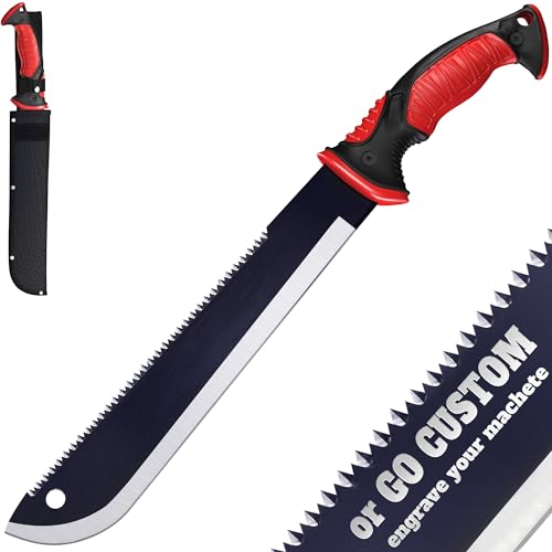 11-Inch Serrated Blade Machete with Nylon Sheath - Saw Blade Machetes with Non-Slip Rubber Handle - Best Brush Clearing Tool Machete for Cutting Trees and Yard Work - Survival E-Book Included 111084