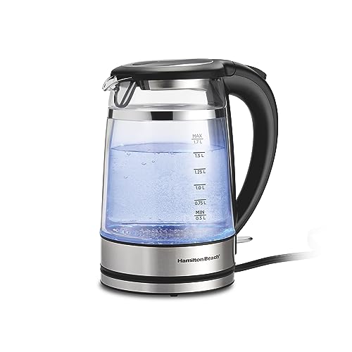 Hamilton Beach 1.7L Electric Tea Kettle, Water Boiler & Heater, Built-In Mesh Filter, Auto-Shutoff & Boil-Dry Protection, Cordless Serving, Variable LED Indicator, Double Wall Glass (40850)