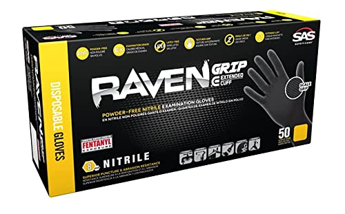 Raven Grip Nitrile Disposable Gloves, Extended Cuff Powder & Latex-Free Exam-Grade Gloves, 8 Mil-Thick, 12-Inch Length, 50-Count Box, X-Large, Black, by SAS Safety Corp