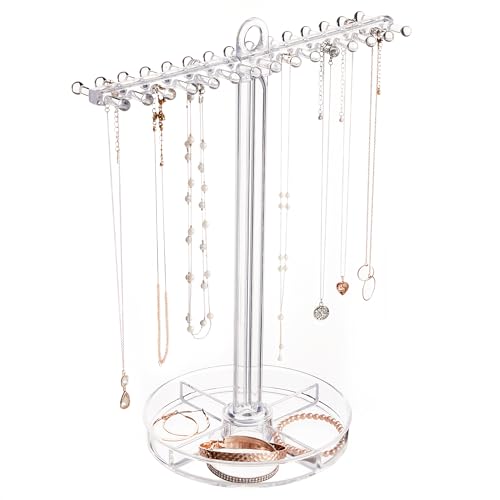 STORi Clear Plastic Hanging Necklace Organizer Stand - Display & Sort Jewelry in the Bottom Divided Tray, Necklace Holder with 30 Peg Hangers - Made in USA