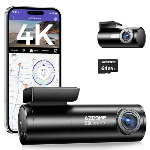 AZDOME M300S 4K Dash Cam with 5.8G WiFi Free 64GB SD Card, 170° Dash Cam Front and Rear GPS Voice Control WDR Night Vision G-Sensor 24H Parking Monitor, Easy to Install, Max Up Support to 256GB