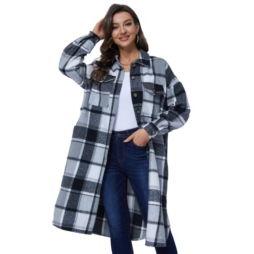 Xaspee Womens Long Plaid Shacket Jacket Casual Fashion Lapel Button Down Long Sleeve Long Plaid Coat with Pockets(Grey-XL)