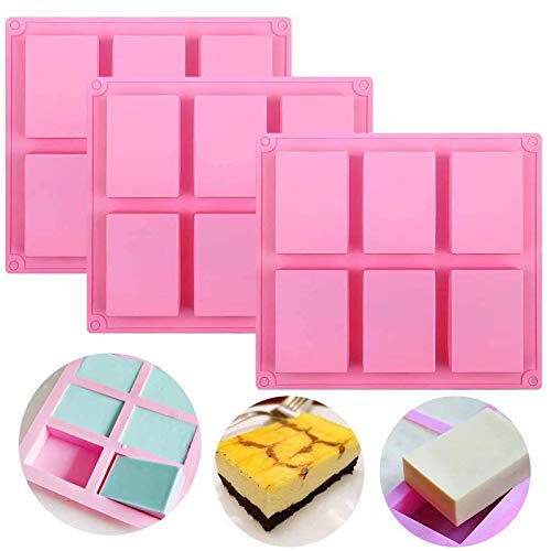 Set of 3, 6 Cavities DIY Handmade Soap Moulds - Cake Pan Molds for Baking, Biscuit Chocolate Mold, Silicone Soap Bar Mold for Homemade Craft, Ice Cube Tray, Pink