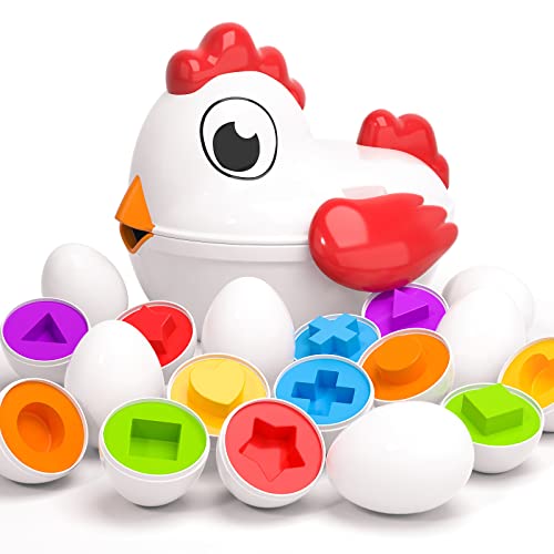 TEMI Toddler Chicken Easter Eggs Toys - Color Matching Game Shape Sorter with 6 Toy Eggs for Kids, Fine Motor Skills Sensory Toys, Montessori Educational Gifts for 3 4 5 6 Girls Boys Baby