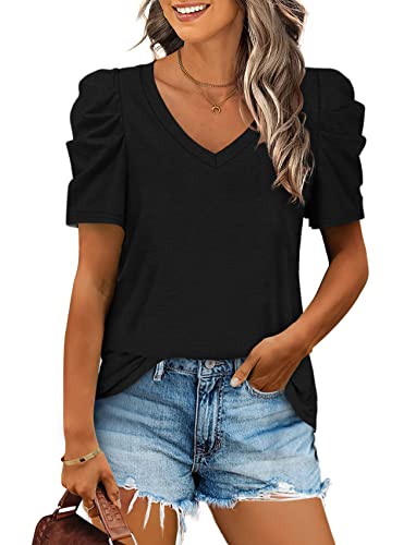 Womens Tshirts Loose Fit Black Shirts for Women Puff Sleeve Top Polyester Tshirts M