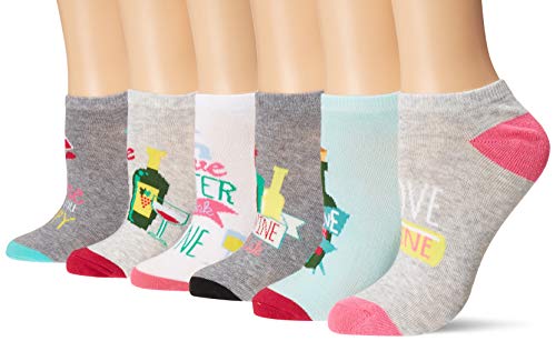 K. Bell Socks Women's 6 Pair Pack Fun Food and Beverage Novelty Low Cut No Show Socks, Wine Time (White Assorted), Shoe Size: 4-10