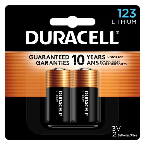Duracell CR123A 3V Lithium Battery, 2 Count Pack, 123 3 Volt High Power Lithium Battery, Long-Lasting for Home Safety and Security Devices, High-Intensity Flashlights, and Home