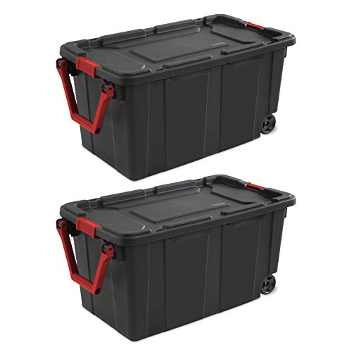 Sterilite 40 Gal Wheeled Industrial Tote, Stackable Storage Bin with Latch Lid, Plastic Container with Heavy Duty Latches, Black Base and Lid, 2-Pack
