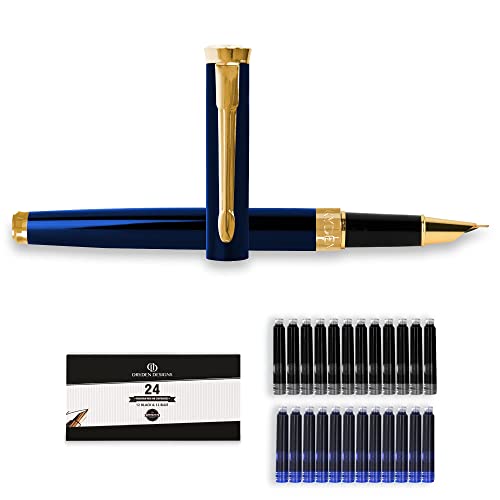 Dryden Designs Fine Nib Fountain Pen - Includes 24 Ink Cartridges - 12 Black and 12 Blue - Blue - Smooth Elegant Writing with Fine Nib and Ink Converters