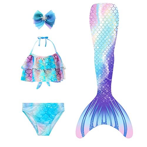 Mskseciy Mermaid Tails for Girls Swimming 3Pcs Mermaid Bathing Suit Swimsuit Princess Bikini for 3-12 Year Old (b Blue Purple Mermaid, 6-7 Years)