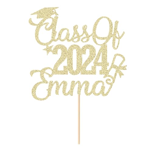 Personalized Cake Topper Custom Congrats Graduation Hat Student Class of 2024 Double Sided Glitter Card Champagne Gold