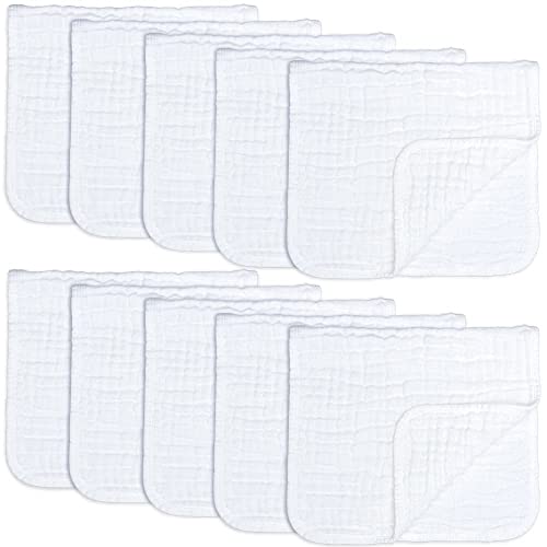 Comfy Cubs Muslin Burp Cloths Large 100% Cotton Hand Washcloths for Babies, Baby Essentials 6 Layers Extra Absorbent and Soft Boys & Girls Rags for Newborn Registry (White, 10-Pack, 20' X10')