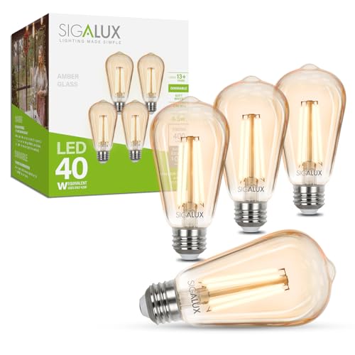 Sigalux Edison LED Light Bulbs, Dimmable Vintage Light Bulbs 40 Watt Equivalent, E26 LED Filament Bulbs, ST19 Antique Amber Glass Light Bulbs Soft White 2700K, 400LM, CRI90, UL Listed, 4 Pack