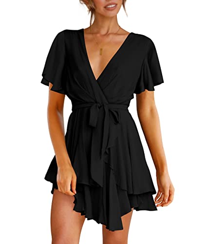 Cosonsen Womens Black Dresses Short Sleeve Deep V-Neck Tie Waist Sexy Dress M