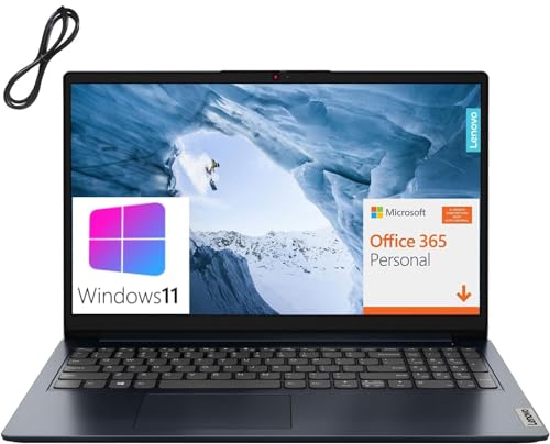 Lenovo Newest IdeaPad 1 Laptop Computer, 15.6' FHD, Intel Pentium Silver N6000, 1-Year Office 365, 12GB DDR4 RAM, 1TB PCIe SSD, WiFi 6, BT 5.1, Abyss Blue, Windows 11 Home S, AZ-XUT Cable