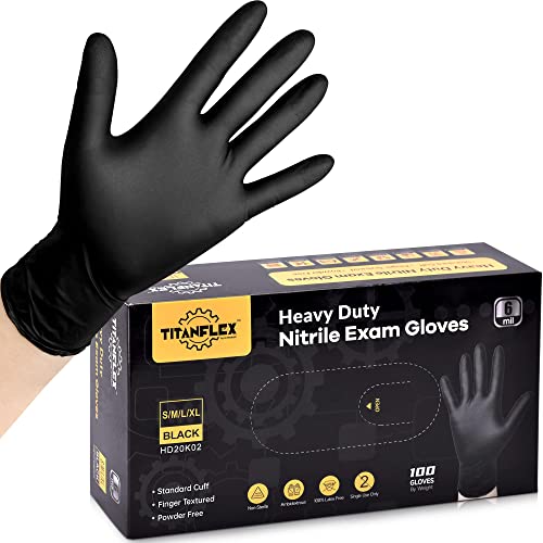 TitanFlex Disposable Nitrile Exam Gloves, 6-mil, Black, Large 100-ct Box, Heavy Duty Disposable Gloves, Cooking Gloves, Mechanic Gloves, Latex Free Gloves, Food Safe Rubber Gloves for Food Prep