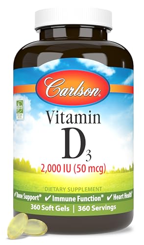 Carlson - Vitamin D3, 2000 IU (50 mcg), Bone & Immune Health, Vitamin D Supplements, Cholecalciferol Supplement, Gluten Free Vitamin D Capsules, 360 Softgels