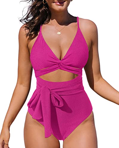 Roselychic One Piece Bathing Suit for Women High Waisted Swimsuits V Neck Wrap Tie Bathing Suit Swimwear Rose Red