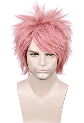 Linfairy Unisex Straight Short Pink Anime Cosplay Wig Halloween Costume Wig for Men