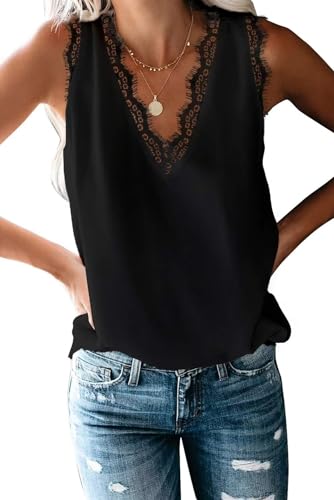 BLENCOT Women Lace Trim Black Tank Tops V Neck Fashion Casual Sleeveless Blouse Cami Shirts, Large