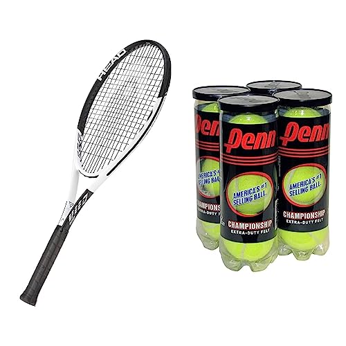 HEAD Geo Speed Adult Tennis Racket - Pre-Strung Head Light Balance 27.5 Inch Racquet - 4 3/8 in Grip, Black/White & Penn Championship Tennis Balls - Extra Duty Felt Pressurized - 4 Cans, 12 Balls