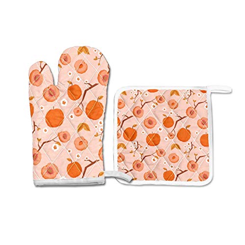 CENHOME Oven Mitts Orange Peaches Floral Branches Light Pink 2 Pack Oven Gloves and Pot Holder Sets 482¨H Heat Resistant Cotton Lining Kitchen Cooking Baking Grilling BBQ