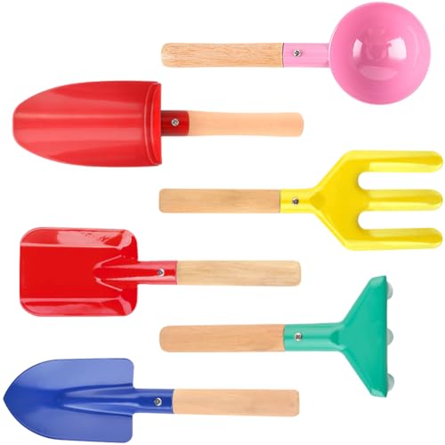 UMUACCAN 6 Piece Kids Beach Tools,Children Beach Sand Toys, Made of Metal with Sturdy Wooden Handle,Safe Beach Gardening Set,Spoon, Fork, Trowel, Rake & Shovel for Kids