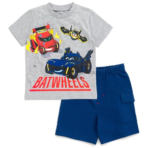 DC Comics Batwheels Batmobile Batwing Redbird Toddler Boys T-Shirt and French Terry Shorts Outfit Set Gray/Blue 5T