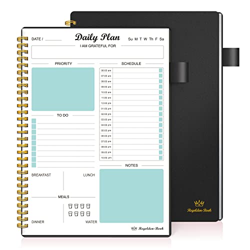 Daily Planner Undated, To Do List Notebook with Hourly Schedule Regolden-Book Calendars Meal, Spiral Appointment Organizers Notebook for Man/Women, Pocket,Pen Loop, 160 Pages (7x10')