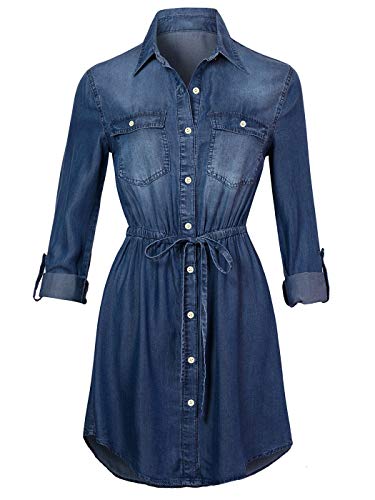 Anna-Kaci Women's Jean Shirt Dress Long Sleeves Waist Ties Casual Short Chambray Denim, Blue, X-Large