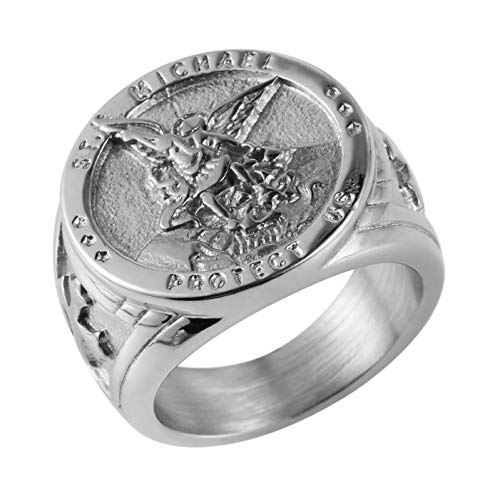 HZMAN St. Michael San Miguel The Great Protector Archangel Defeating Satan Figurine Stainless Steel Amulet Ring (Silver-A, 10)