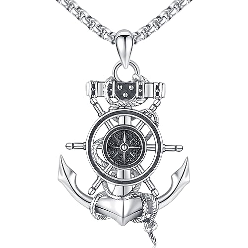 Brisskaari Anchor Pendant Necklace 925 Sterling Silver Nautical Sailor Anchor Navy Mooring Rope Pendant Compass Anchor Necklaces Inspirational Anchor Jewelry Gifts