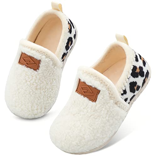 Fuzzy House Slippers for Toddlers Boys Girl Bedroom Slippers Socks First Walker House Shoes Leopard Beige Size 5.5-6