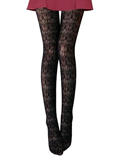 VERO MONTE 1 Pair Womens Patterned Lace Tights (Black) Hollow Out Knit Stockings