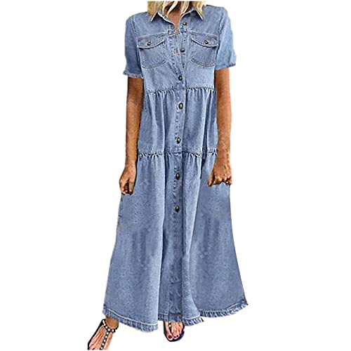 Women's Vintage Short Sleeve Blue Jean Shirt Dress Button Up Denim Dress Summer Jean Shirt Dress Flowy Fall Long Dress