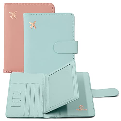 Melsbrinna 2 Pack Passport Holder,Passport Cover Case,Passport Holder with Ideal Holder for Various 4x3 Inch Cards,Rfid Blocking Travel Wallet for Family,Couples,Friends (Pink+Aqua green)