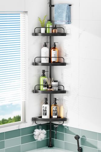 Corner Shower Caddy Tension Pole: Rust Proof 4Tier Shampoo Storage Organizer for Inside Shower - Telescoping Rod Shower Rack for Bathroom and Bathtub - Restroom Floor Standing Bath Rack Holder Black