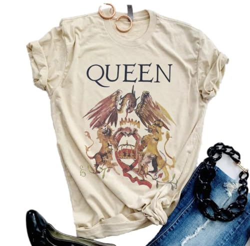 Women Vintage Rock Band T Shirt Fashion Music Graphic Tees Short Sleeve Casual Tops(M,A-Beige)